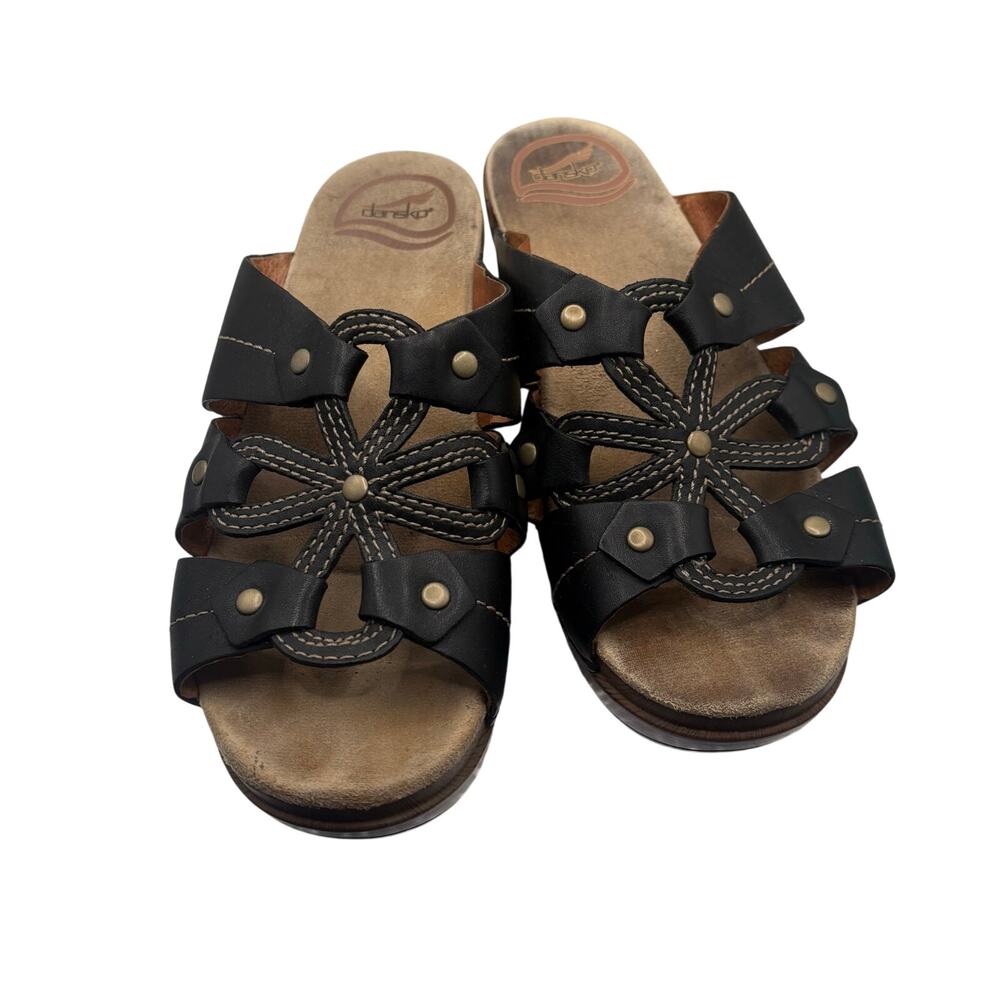 Dansko Black Leather Slip On Wedge Sandals Size 36 US 6 Open Toe Casual Shoes